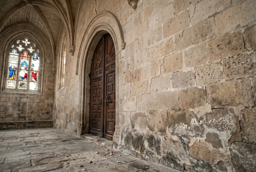 Muro de sillería de un edificio histórico con humedad por capilaridad tratado con sistema reversible compatible con patrimonio BIC.